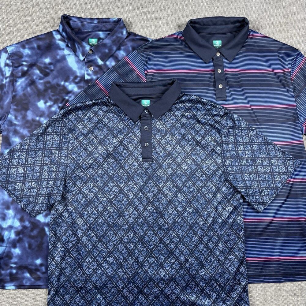 Pro Tour Cool Play Golf Polo Blue Mens L Striped Geometric Performance Lot Of 3